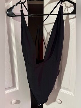 Wolf & Whistle Black Plunging V-Neck One-Piece with Strappy Open Back